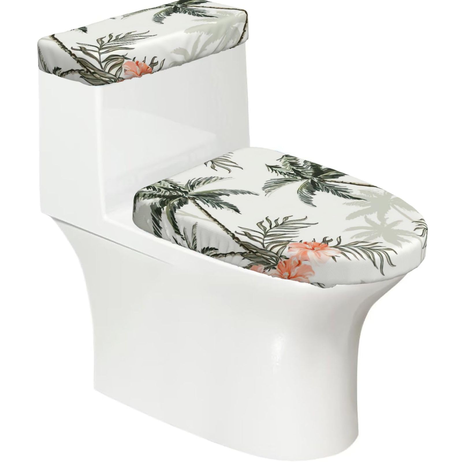 Tropical Palm Trees Print 2-Piece Stretch Toilet Cover Set, Elastic Breathable Toilet Seat and Tank Lid Protector