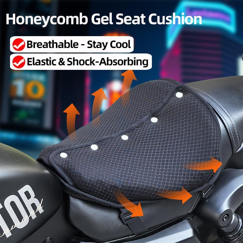 Large 3D Honeycomb Motorcycle Gel Seat Cushion - Foldable Pressure Relief & Breathable Pad with Anti-Slip Straps for Long Rides