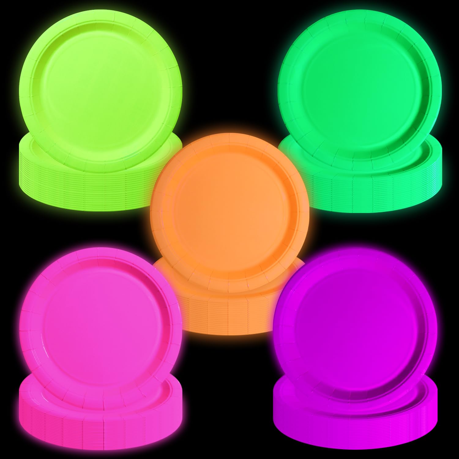 100 PC Glow dans l'obscurité Fournitures de fête au néon, plaques d'anniversaire au néon de 5 couleurs pour les décorations de fête Halloween Glow