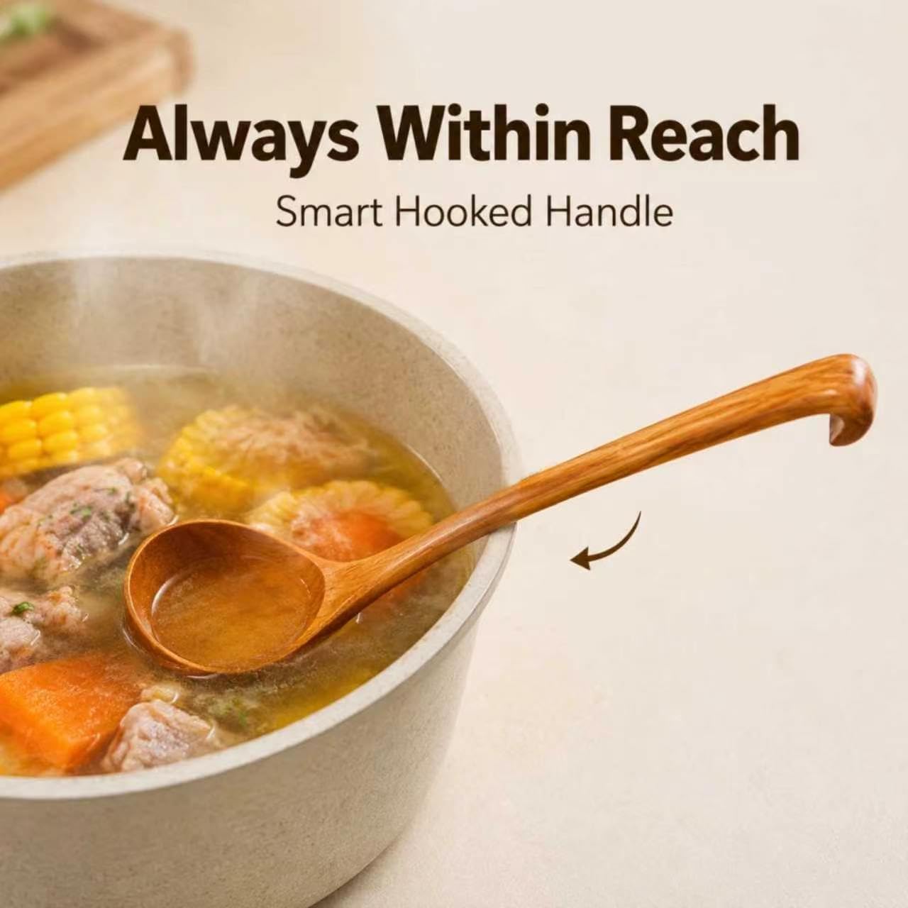 11"Wooden Soup Spoon - Deep Lacquered Wooden Ladle for Cooking, Sauce Serving and Kitchen Use with Hanging Hook & Heat-Resistant Handle (11x3.1 Inch)