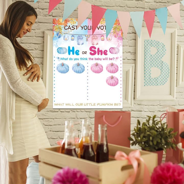 Miniatura 6 de Póster de revelación de género de calabaza pequeña, póster de revelación de género para bebé, kit de juegos de fiesta con 40 calcomanías de calabaza