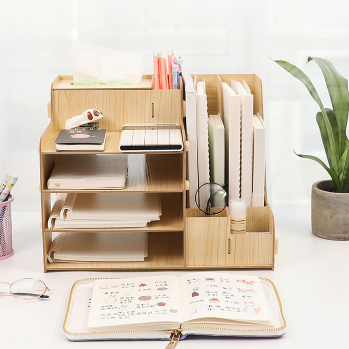 STOBAZA Organizador de Escritorio de Madera Robusta con Múltiples Compartimentos Almacenamiento Estable y Gran Capacidad para Documentos y Papelería para Oficina Estudio y Dormitorios