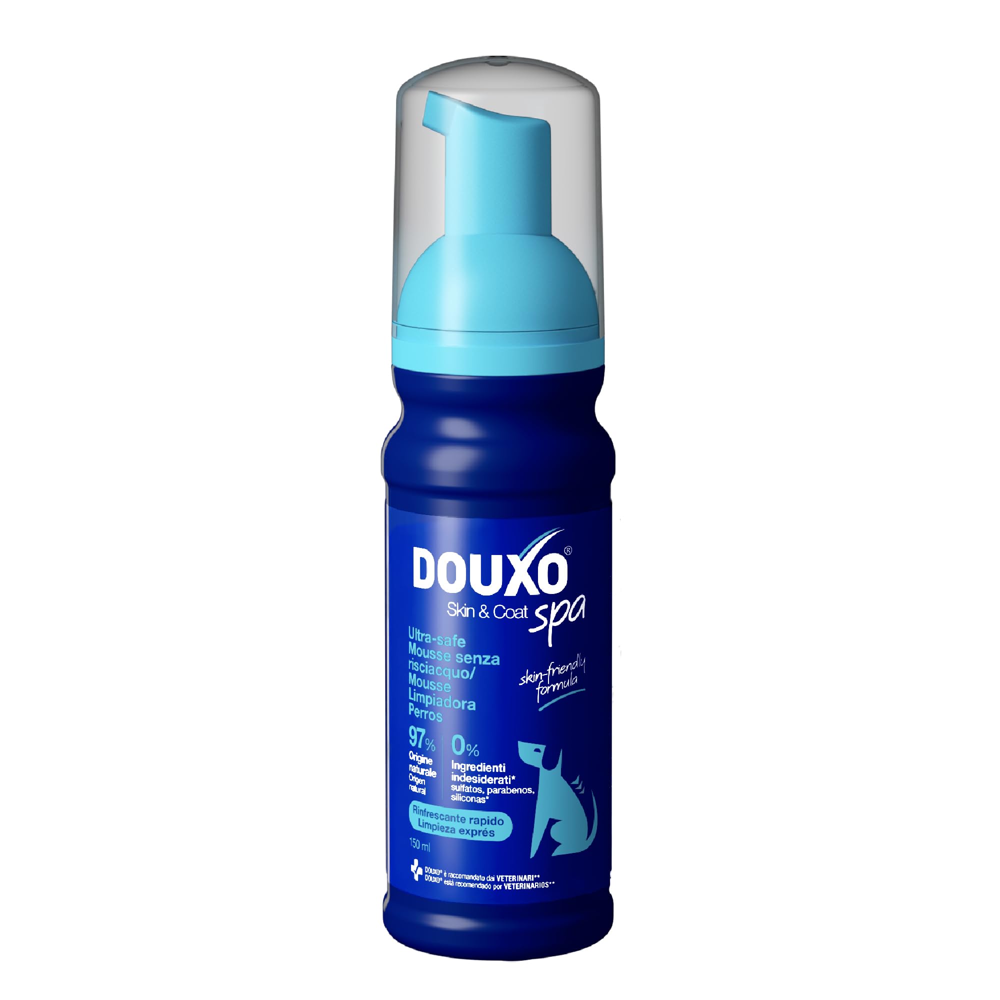 DOUXO® Skin & Coat SPA - Espuma Ultra Suave de Limpieza exprés para Perros, 150 ml, Limpia e hidrata de Forma Segura, Pelo Suave, Radiante y con un Olor excelente, fórmula respetuosa con la Piel