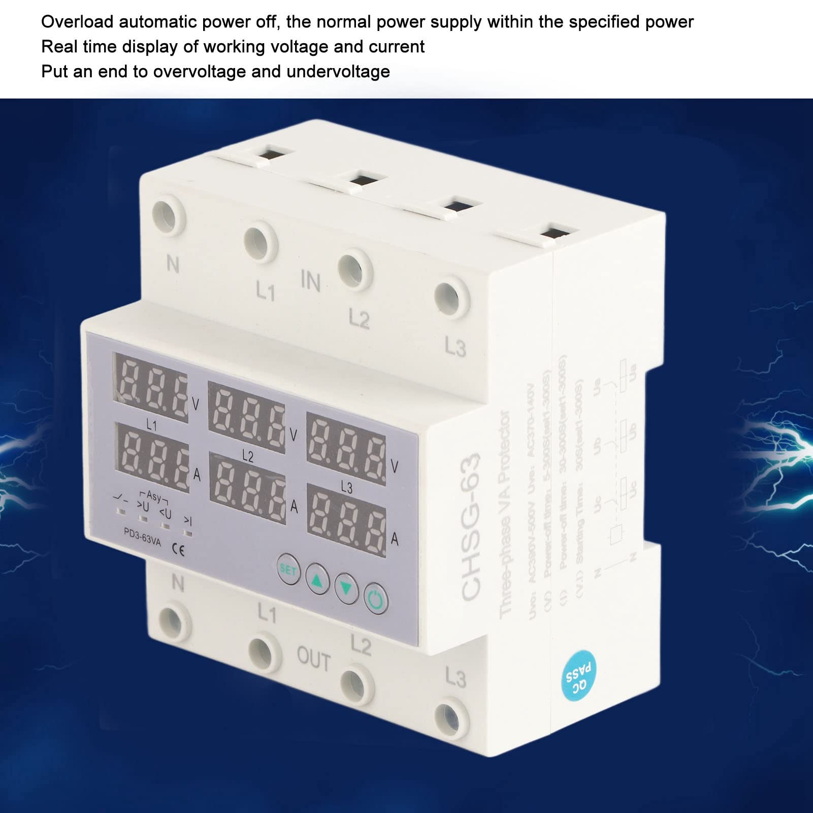Misuratore Su Guida DIN Trifase, 63a AC390‑500V Voltmetro