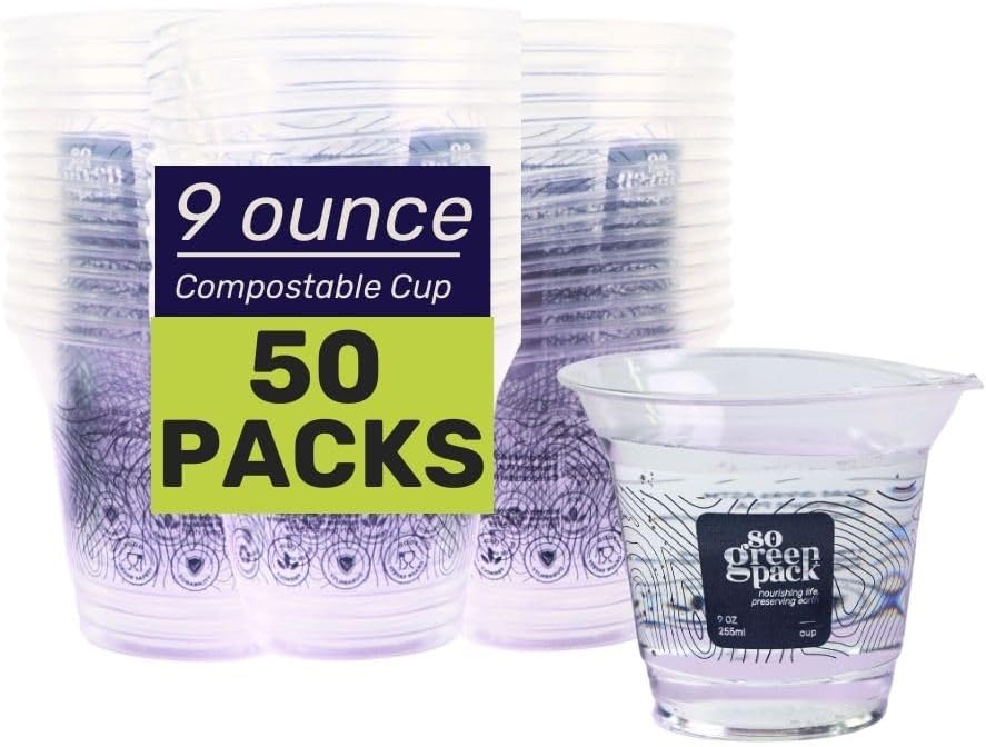 Eco-Friendly PLA Compostable 9oz Cups (50 Pieces) Biodegradable Disposable Party Cups for Drinks, Snacks & Desserts