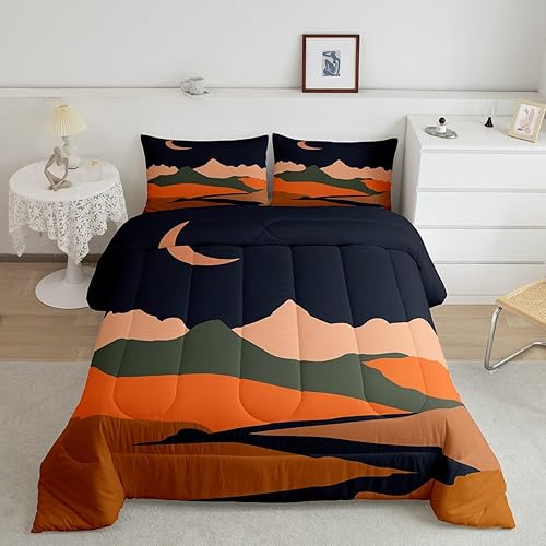 Erosebridal Juego de edredón geométrico para niños y niñas, juego de ropa de cama retro abstracto a rayas, juego de edredón bohemio de montaña luna,