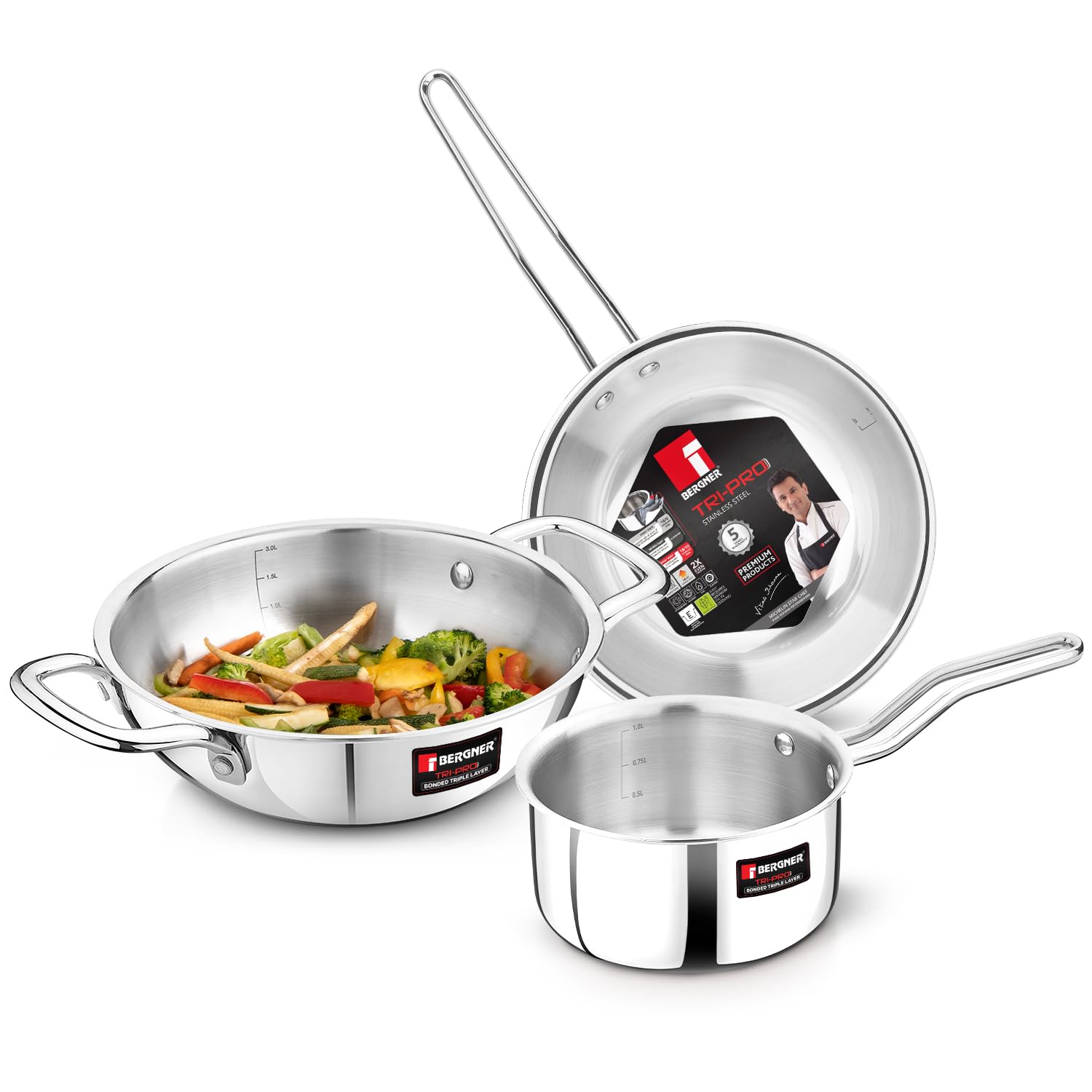 Bergner BE Essentials TriPro TriPly Stainless Steel 3 Pcs Cookware Set - 24cm (3 L) Kadai, 14cm (1.1 L) Teapan, 22cm (1 L) Frypan, Consumes Less Oil, Even Heat Distribution - Induction Bottom