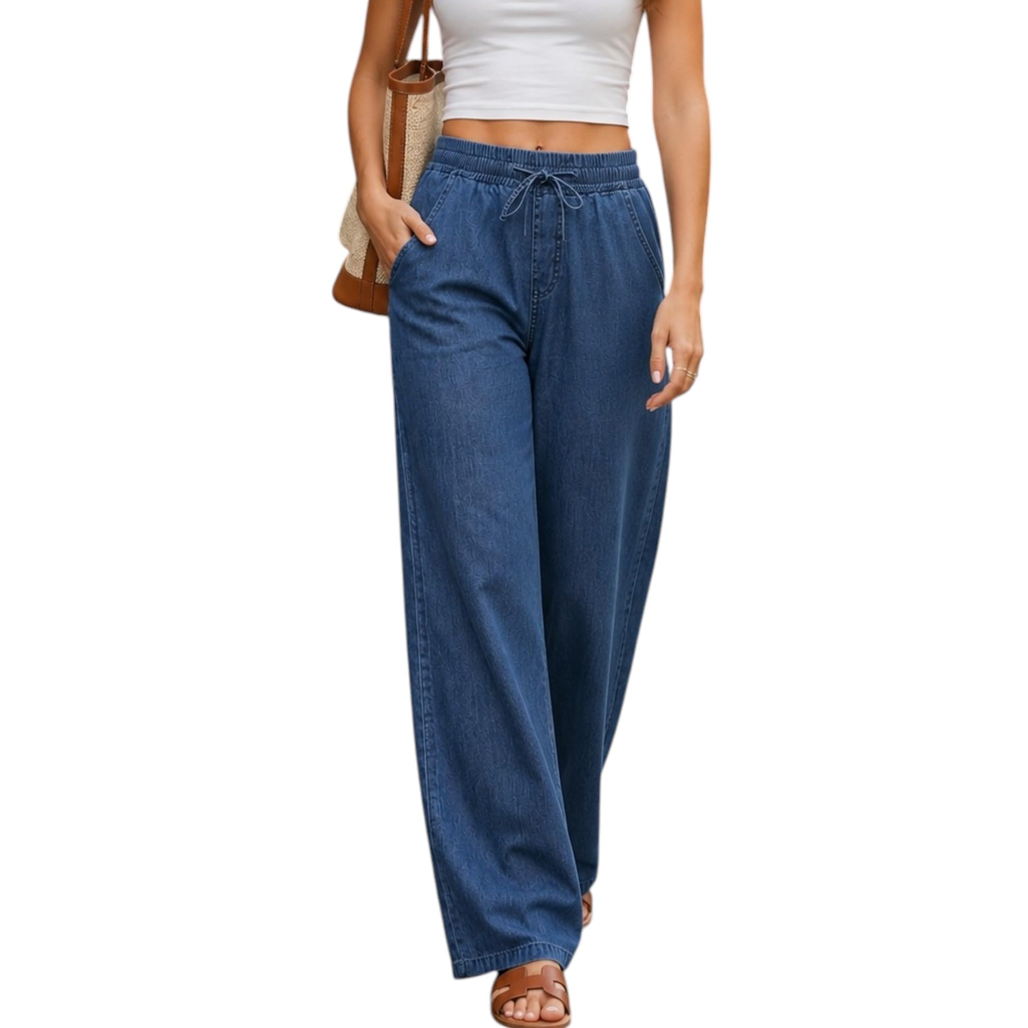 Womens Wide Leg Denim Look Trouser | Elastic Drawstring | Relaxed Fit Korean Style Palazzo |Casual Pants with Side Pockets for Office Weekend Comfort-image-10