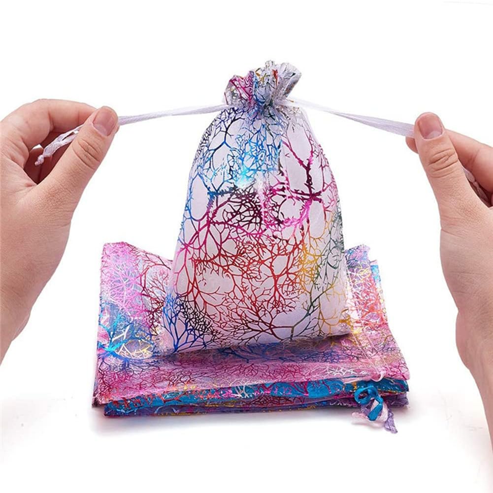 Lot de 100 sacs cadeaux en organza avec cordon de serrage - 20 x 30 cm - Motif corail - Pour Noël, Halloween, fête prénatale - Blanc