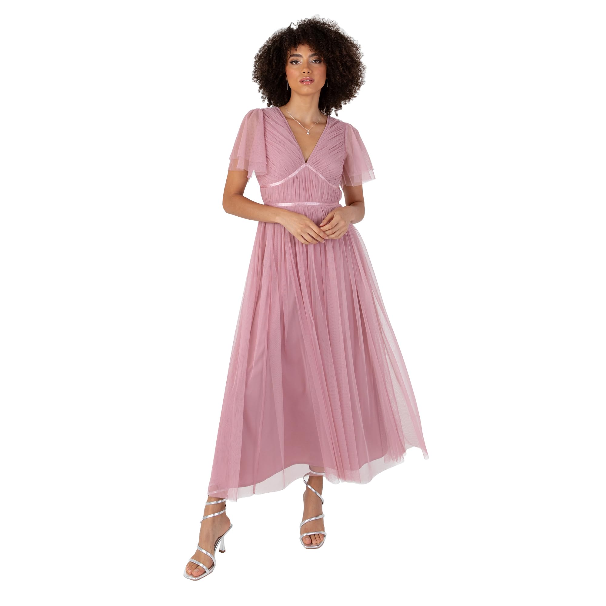 Anaya With Love Women's Bridal Rose Midaxi Dress V-Neck Short Flutter Sleeve Ribbon A-Line Tulle For Bridesmaid Wedding Guest Prom Ball Gown 16