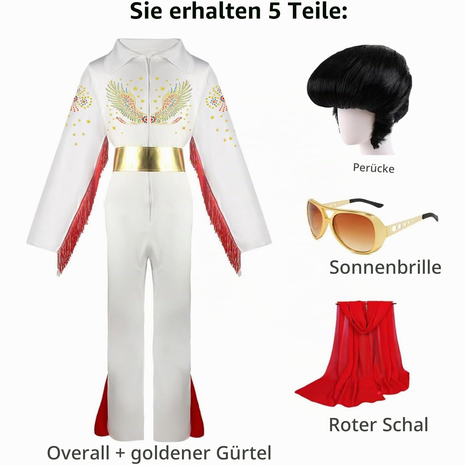 Luming Herren Halloween Kostüm Karneval Deluxe Kostüm 50er 70er Disco-Party 5-teiliges: Jumpsuit, Gürtel, Perücke, Sonnenbrille, Schal