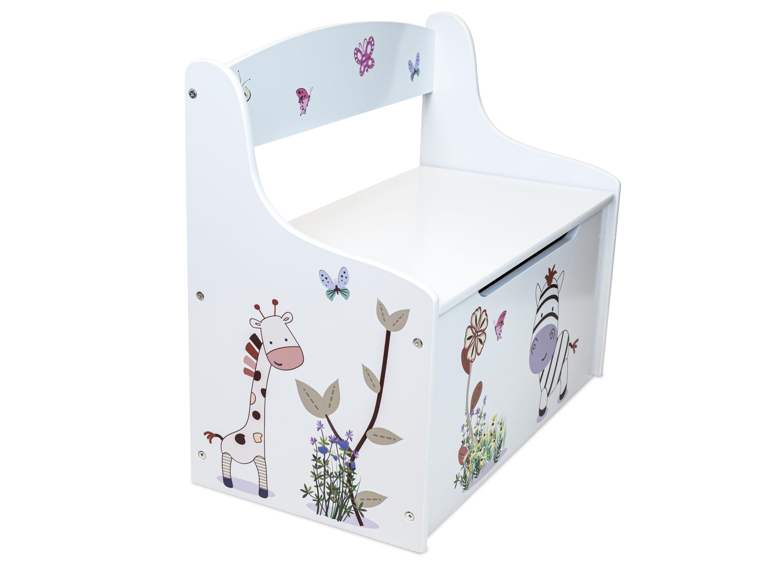 Teorema Giocattoli, Cassapanca Porta Giochi Bambini, Panca Contenitore 2 in 1 con Schienale, Baule in Legno con Coperchio di Sicurezza per Cameretta, Design Animali