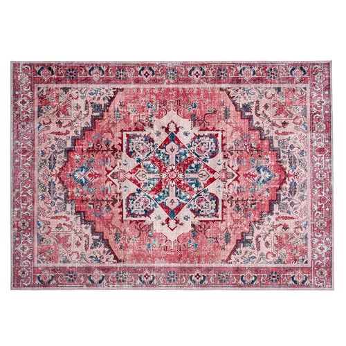 Image of AMERLIFE 8'x10' Area Rug, Machine Washable Vintage Area Rug- Soft Carpet with Non-Slip Backing for Living Room, Bedroom, Hallway- Red