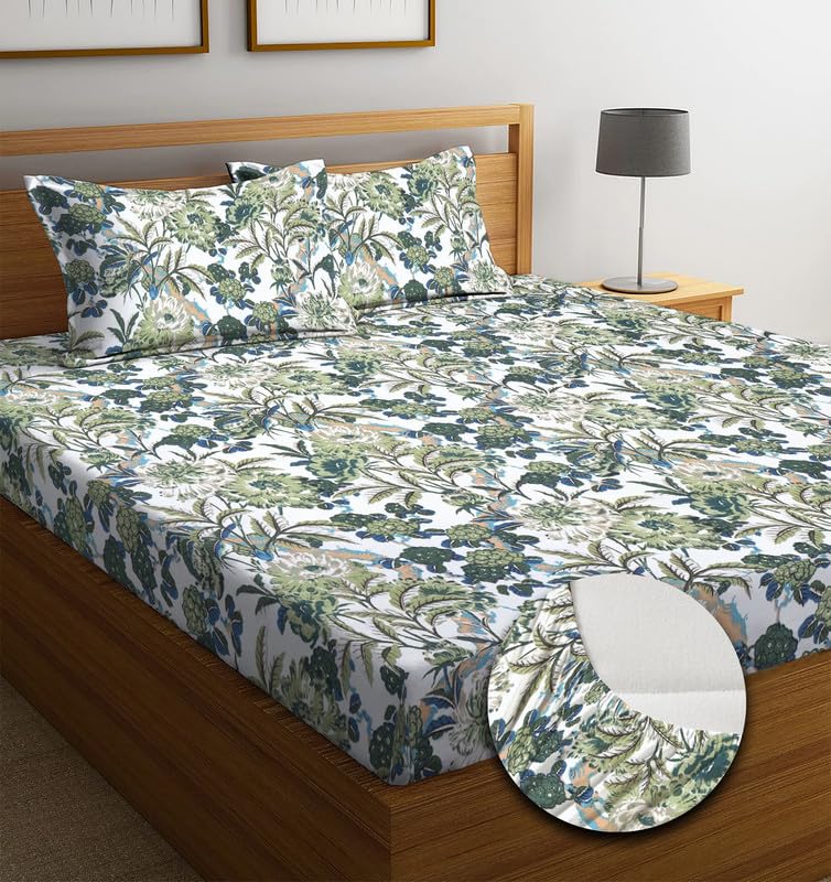 Image of NEW LEAF Premium Cotton Elastic Fitted Bedsheets with 2 King Size Pillow Covers | Double Bed with All Around Elastic 180 TC Supersoft |Size-72 King Sizex78+10 inches | Plant, Green & White
