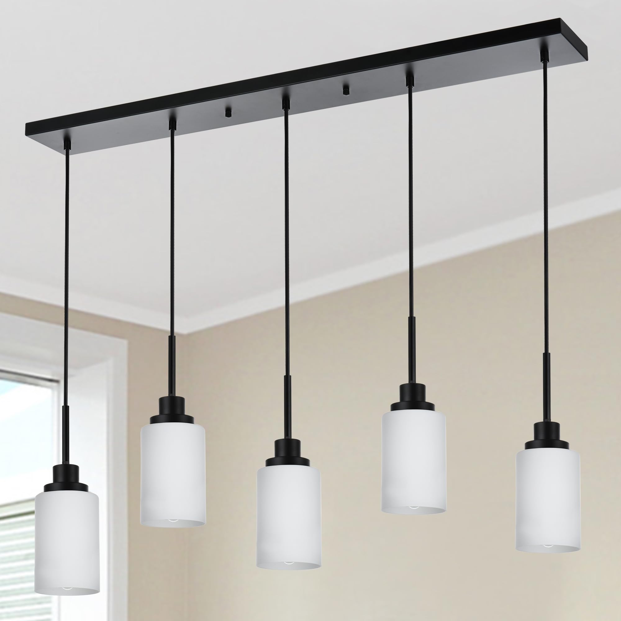 Black 5-Lights Pendant Light Fixtures, Opal White Glass Kitchen Island Lighting with Height Adjustable for Over Table Dining Room Living Room, E26 Bulb Base