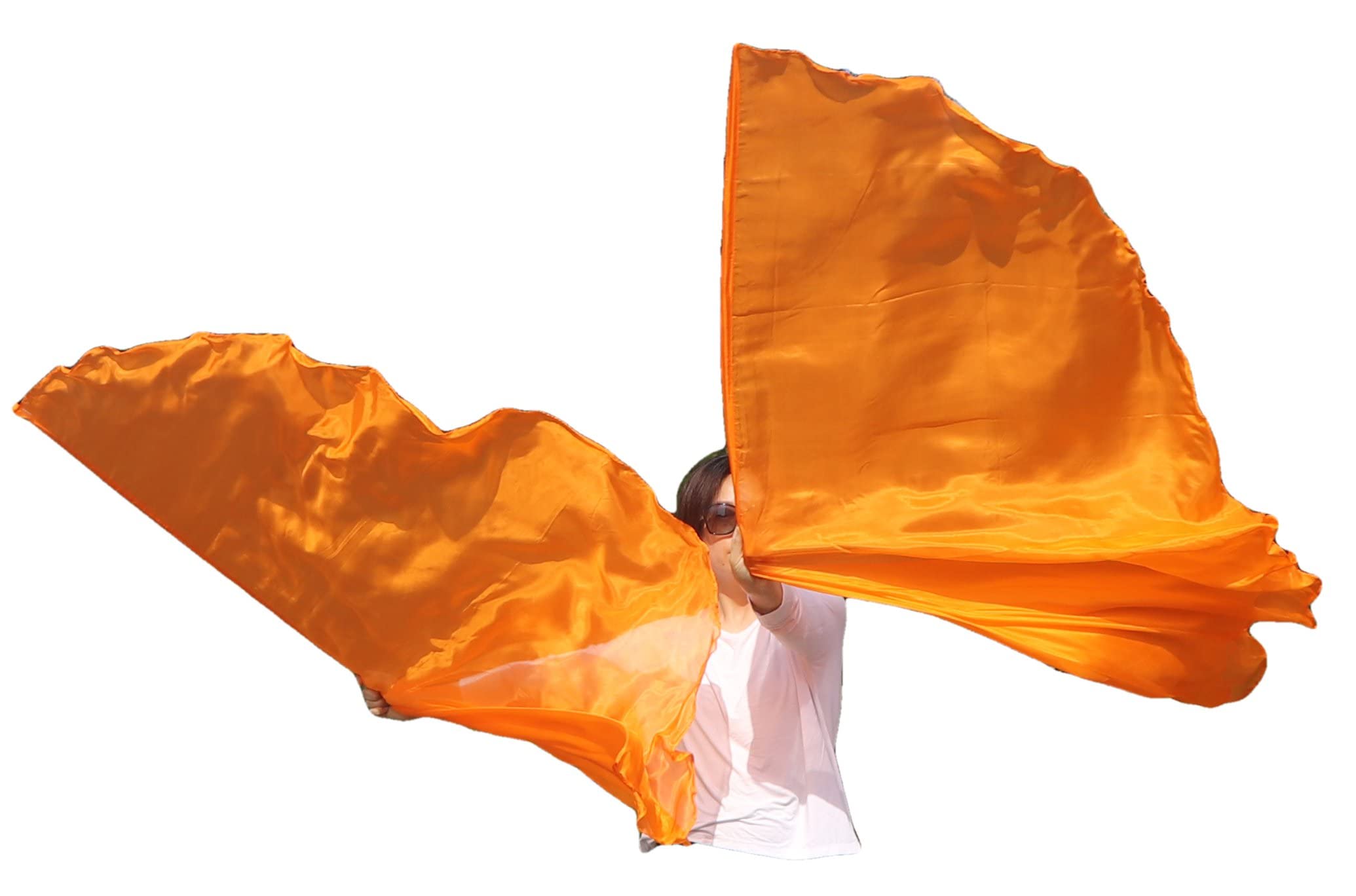 Winged Sirenny Pair 180cm Silk Dance Angel Wings, Lightweight Flow Props for Belly Dance Performances & Events, 70”Half Circle Sheer Silk with Portable Flexible Pole (Solid orange) — image 1