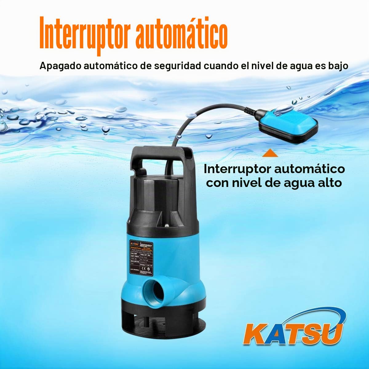 KATSU Bomba sumergible portátil 400 W para agua limpia y sucia con interruptor flotante