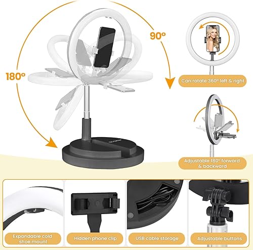 Miniatura 7 de TARION Anillo de luz plegable con soporte, anillo de luz para selfie de 11.8 pulgadas con soporte para teléfono y soporte de zapata fría, altura y