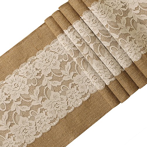 Ling's moment 12x72 Inch Burlap Table Runner With Lace, Farmhouse Decoration, Country Wedding Table Runner, Bridal & Baby Shower Décor,Spring Wedding Table Runner