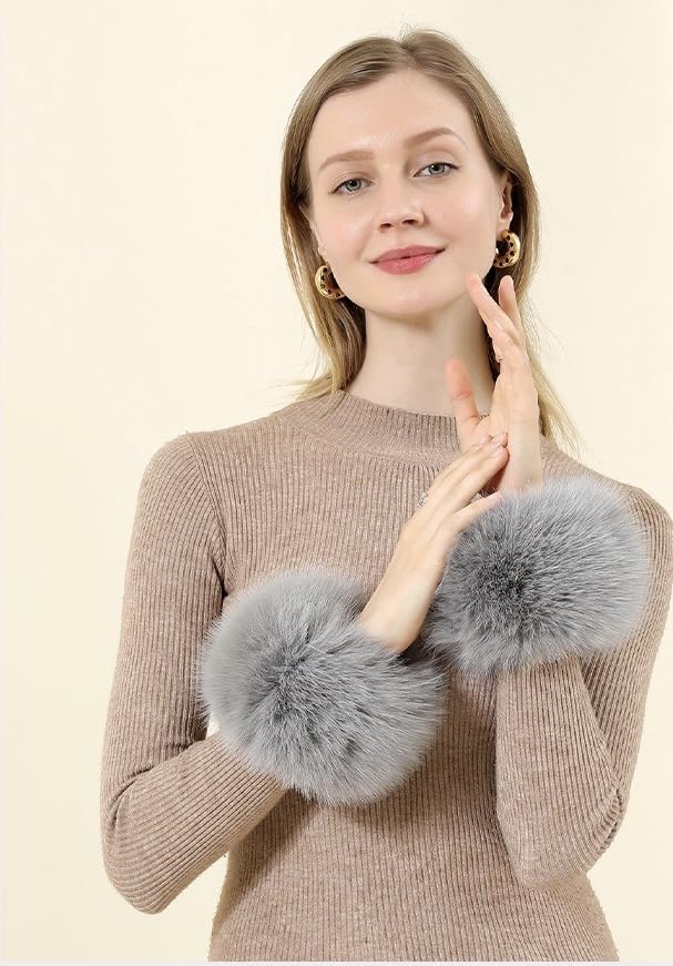 JOIUXNER Winter Arm Warmers for Women Grey Fuzzy Faux Fur Short Wrist Cuff Soft Fluffy Plush Wrist Cuffs Sleeves for Girls