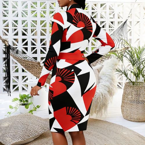 Image of MsavigVice Bodycon Dress Women Mandarin Collar Long Sleeve Knee Length | Vibrant abstract prints with bold varied hues, soft stretch fabric contours curves for sleek versatile everyday styling