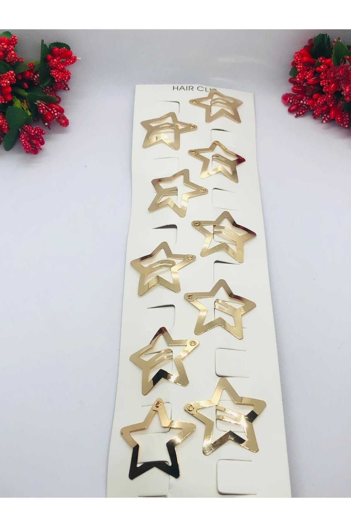 Gold Rengi Çok Şık Yıldızlı Çıtçıtlı Saç Tokası 10'lu (3cm) Gold Tek Ebat