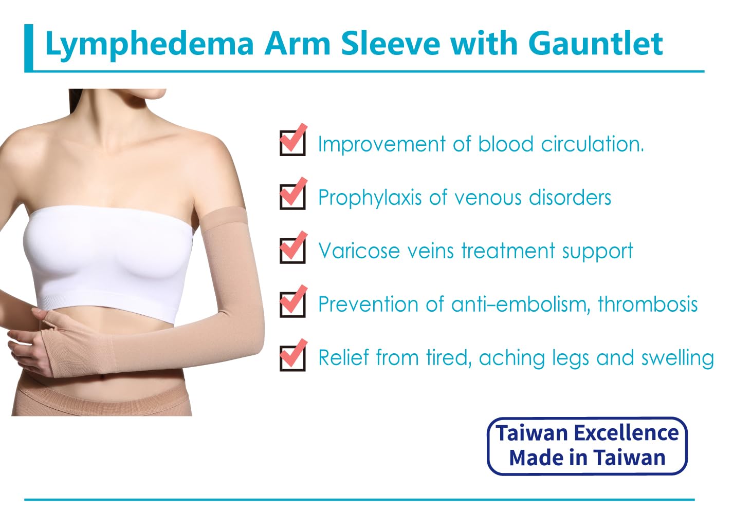 Manga de brazo para linfedema con guantelete, compresión graduada, 20-30, circulación sanguínea, soporte de brazo para hinchazón, excelencia de Taiwán, 1 pieza M