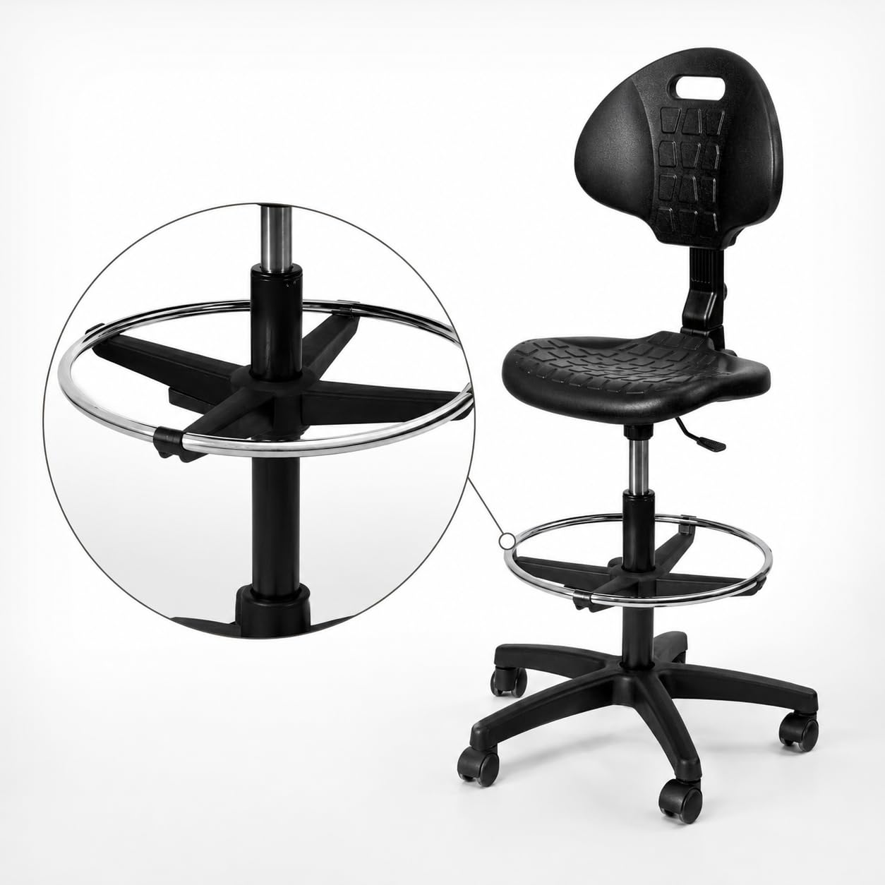 Topsit IND102 Sedia da Lavoro in Poliuretano, Seduta da Laboratorio, Sedia da Ufficio Ergonomica Girevole su Ruote con Anello Poggiapiedi in Metallo Cromo, Schienale e Altezza Regolabile