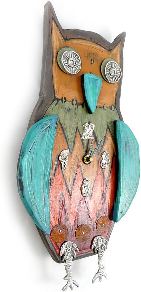 Folksy Owl Wall Clock, Carved Wood & Pewter, American Made and Hand Painted, 17"