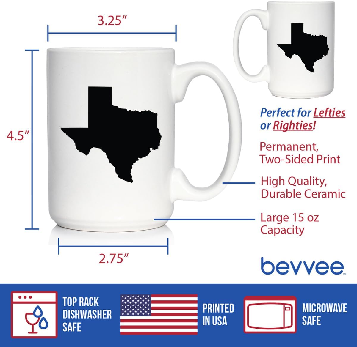 Bevvee Texas State Outline Coffee Mug - State Themed Drinking Decor and Gifts for Texans - Large 15oz White Ceramic Mug - Image 4