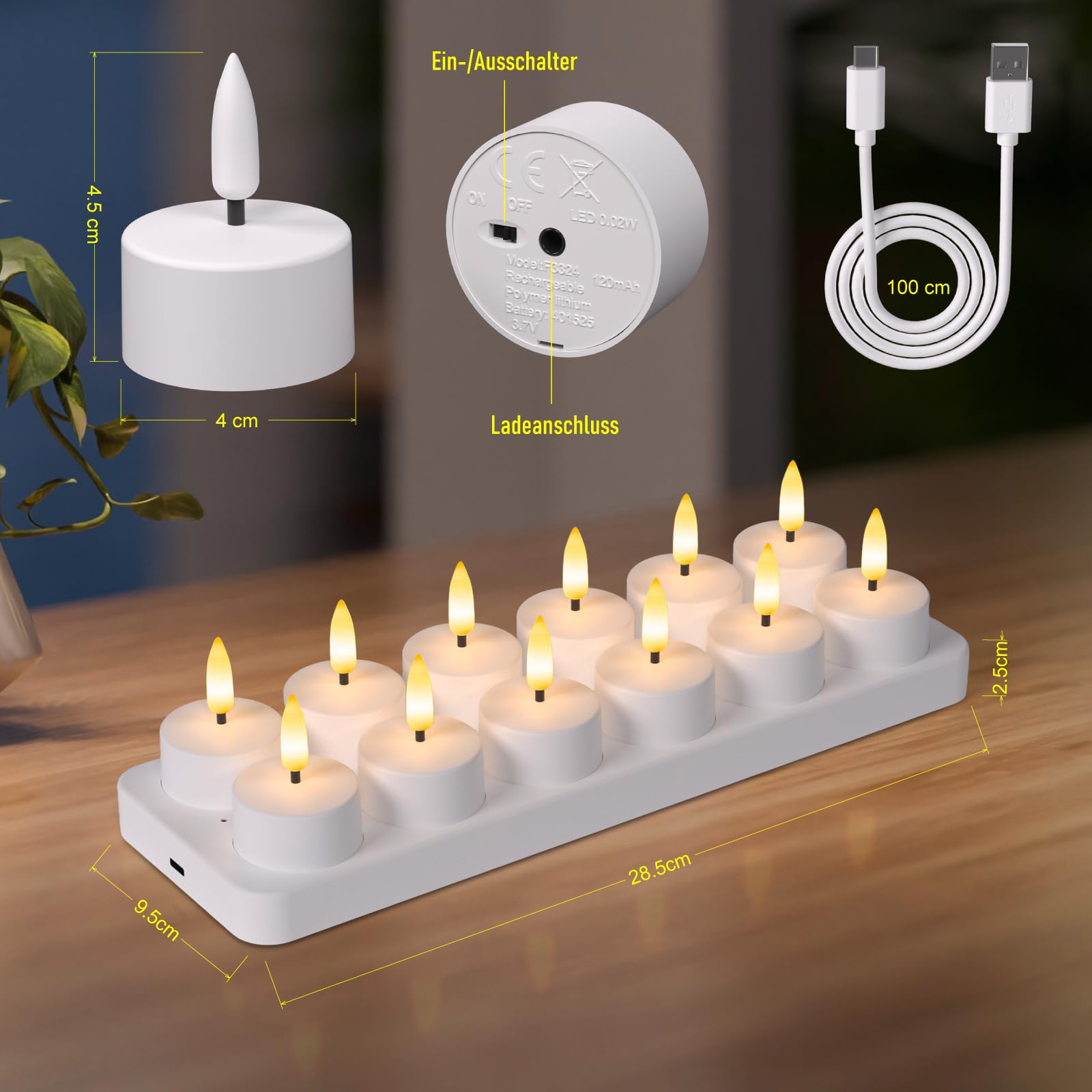Set di 12 lumini a LED ricaricabili senza fiamma con stazione di ricarica, con telecomando e timer per matrimoni, Natale, Halloween, anniversari e decorazioni per la casa