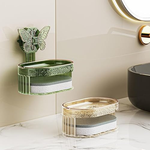 Miniatura 4 de Lujoso estante de almacenamiento de caja de jabón con ventosa de mariposa creativa, montado en la pared de doble capa de drenaje caja de jabón con