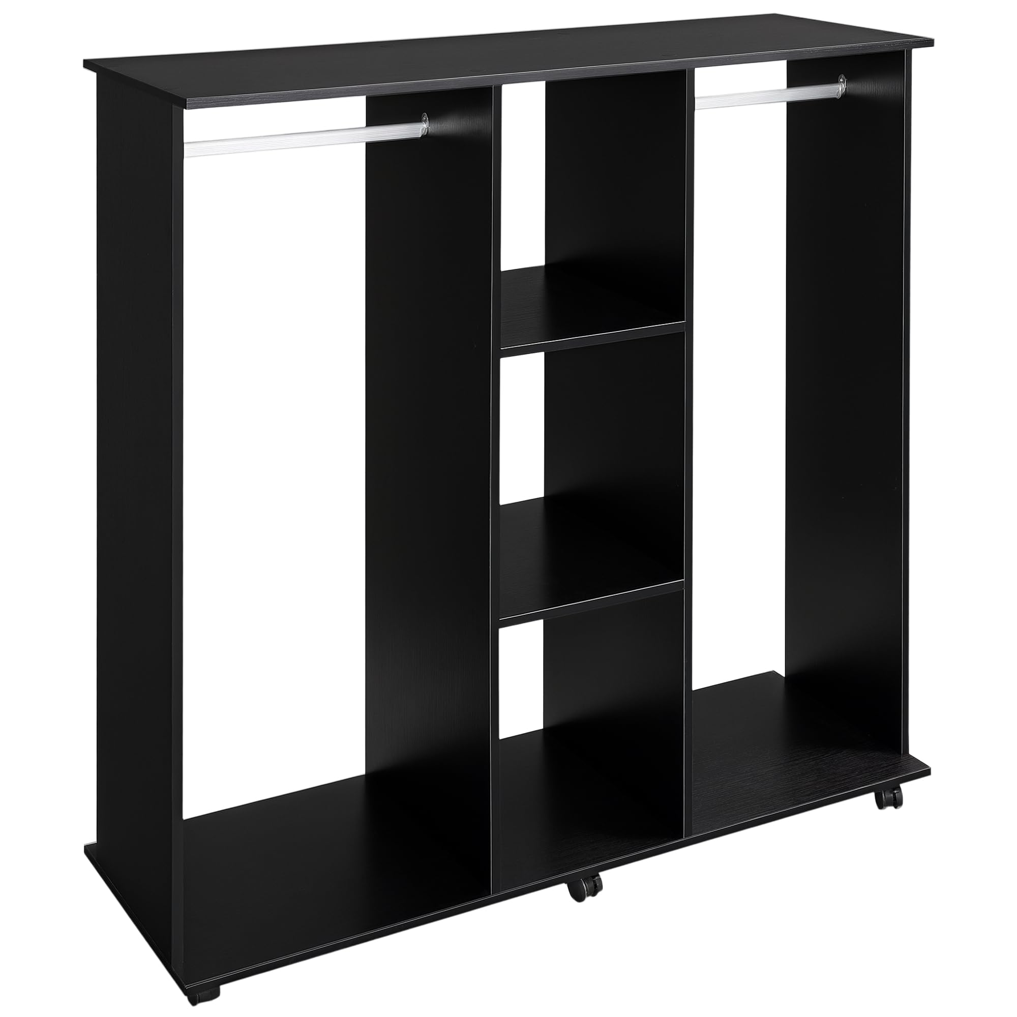 HOMCOM Stand Appendiabiti con 6 Ruote, Appendiabiti da Terra con 5 Ripiani e 2 Aste per Vestiti, Guardaroba Porta Abiti in Legno e Alluminio, per Camera da Letto Soggiorno Corridoio Ingresso, Nero