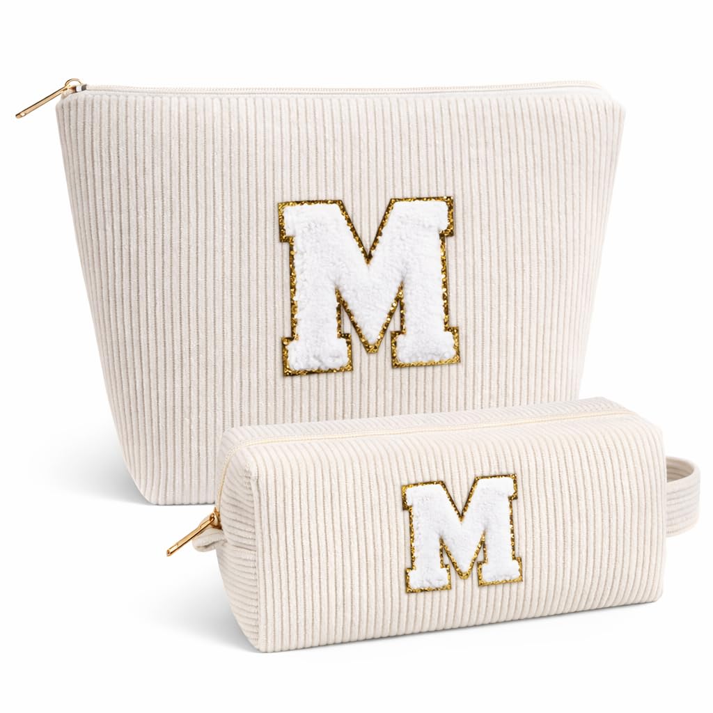 Giftota 2 Stück Personalisierte Kosmetiktasche Damen Cord Schminktasche, A–Z Make up Tasche mit Buchstaben, Kulturtasche für Reisen, Geschenk für Frauen Mädchen, Geburtstagsgeschenk für Frauen Mama M