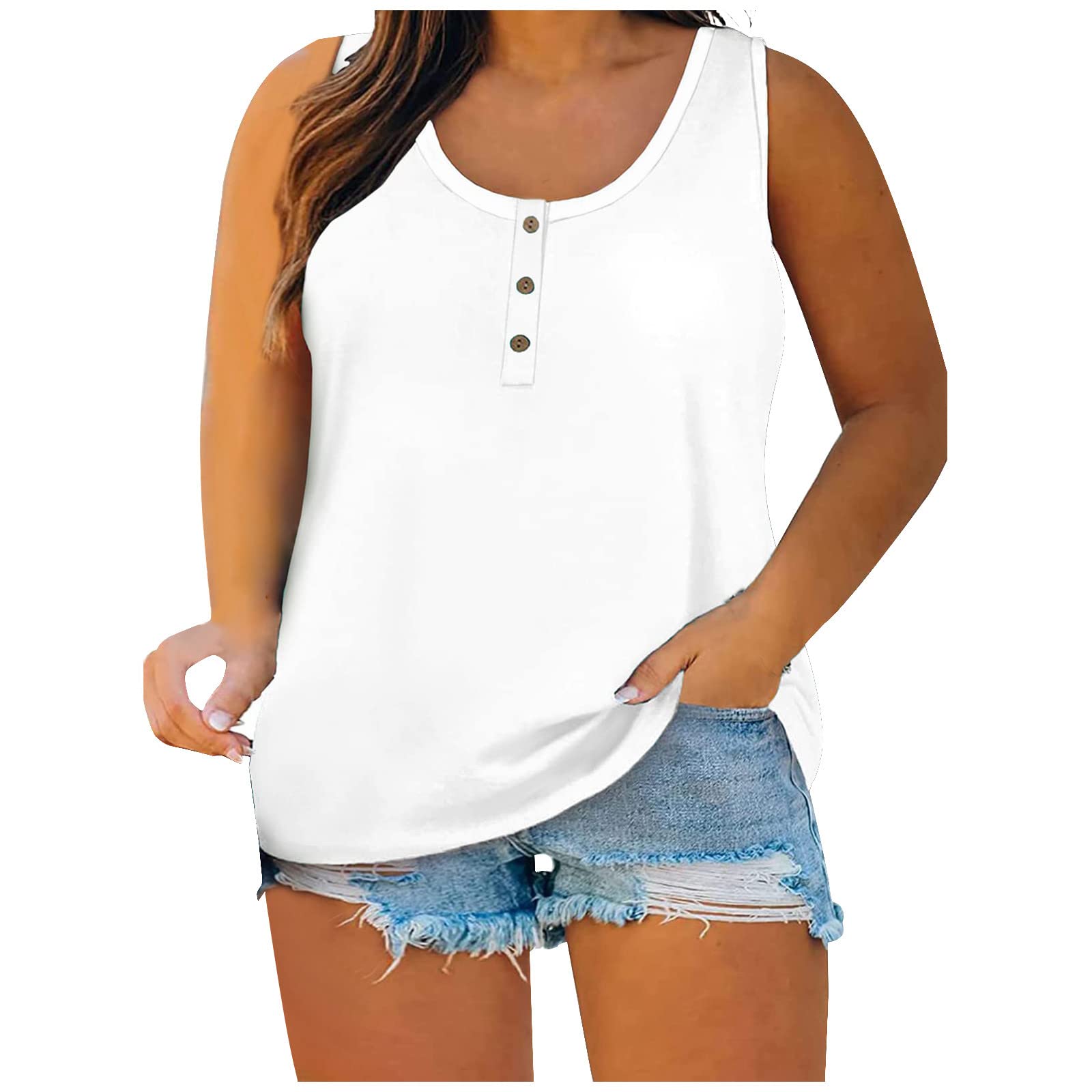 HAOLEI Basica Tallas Grandes Chaleco Mujer,Camiseta Tirantes Mujer de Cuello en Redondo con Botóns Color Puros Camiseta Mujer de Sin Manga en Multicolor Casual Sleeveless T-Shirt para Verano
