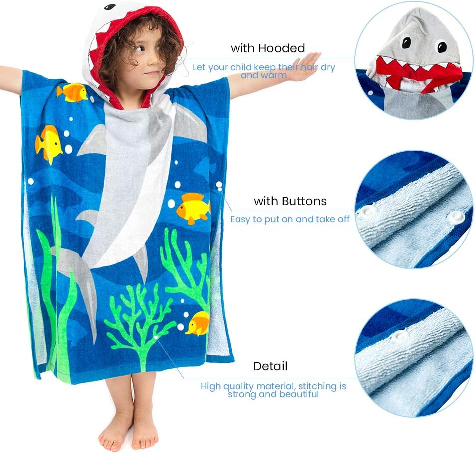 Florica Toddler Hooded Beach Towel Coverup Cape Kids 100% Cotton Soft Quick Dry Absorbent Use for Swim Pool Bath Poncho Towels for 3 to 8 Years Old Children Size 24"x 55" in Full-Length (Brave Shark)