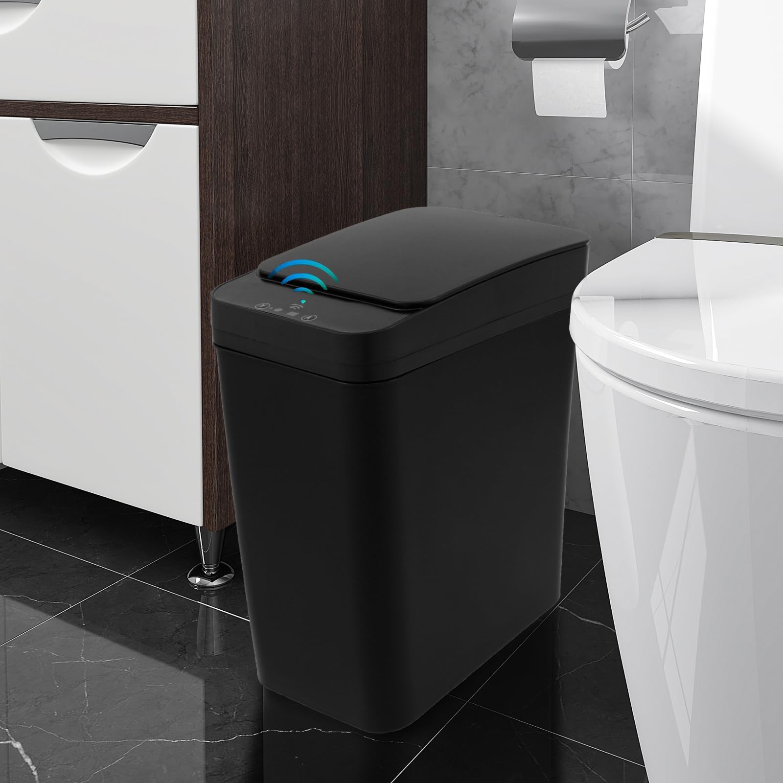 Smart Touchless Bathroom Trash Can 12L Automatic Infrared Motion Sensor Garbage Bin with Lid Electric Waterproof Rubbish Can for Office Kitchen Bathroom Toilet
