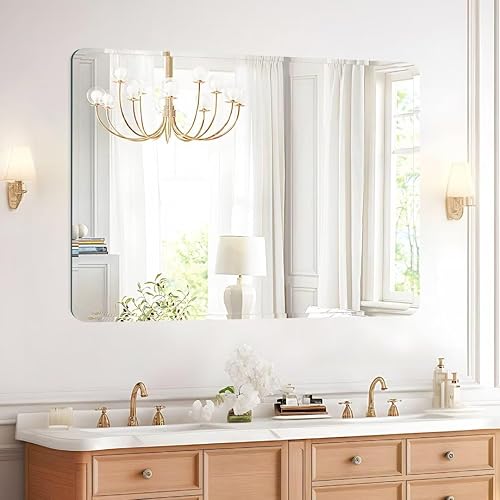 Espejo de baño sin marco para pared sobre fregadero, espejos rectangulares redondeados, espejos de tocador de pared con borde pulido biselado, se