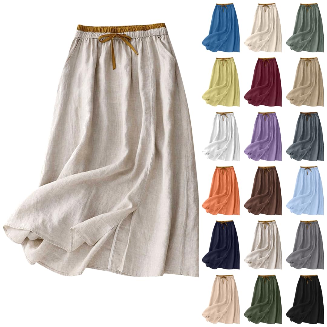 Gonna estiva da donna, elegante, in cotone e lino, leggera, traspirante, elasticizzata, con tasche e coulisse