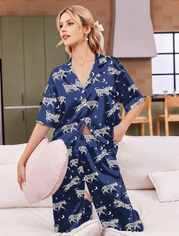 Image of Ekouaer Silk Satin Pajamas Set Women Short Sleeve Pj Sets Button Down Sleepwear 2 Piece Soft Loungewear S-XXL