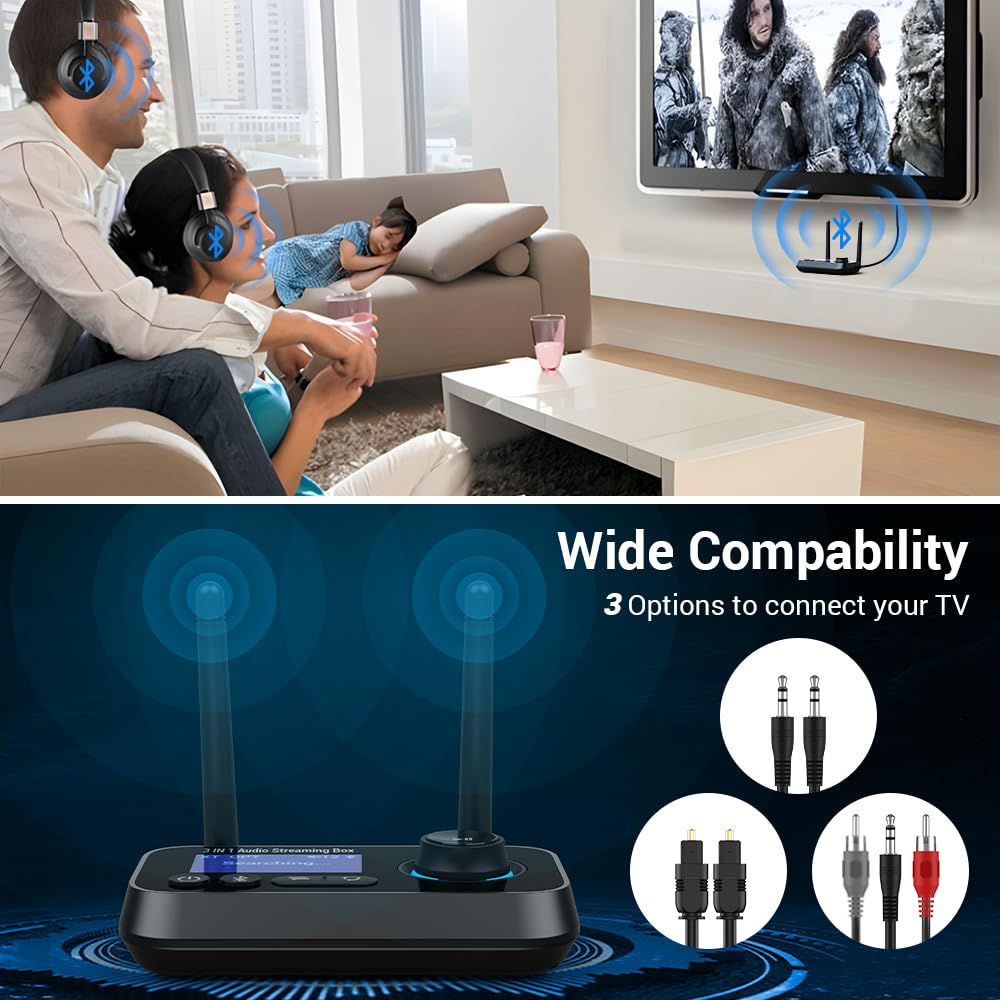 Ainostone 3-in-1 Trasmettitore Ricevitore Bluetooth per 2 Cuffie Adattatore Audio Bluetooth con Cavi Bypass Aux/Ottico/RCA ON/off Automatico LCD Display Controllo Volume per TV Stereo Casa PC