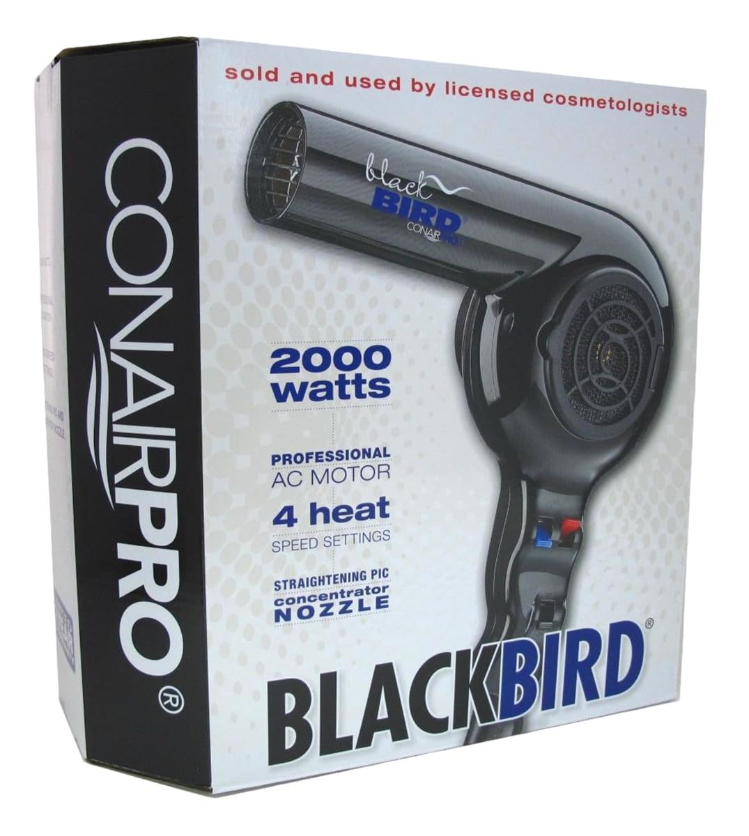 Conair BB075W Pro Blackbird Hair Dryer with concentrator nozzle attached