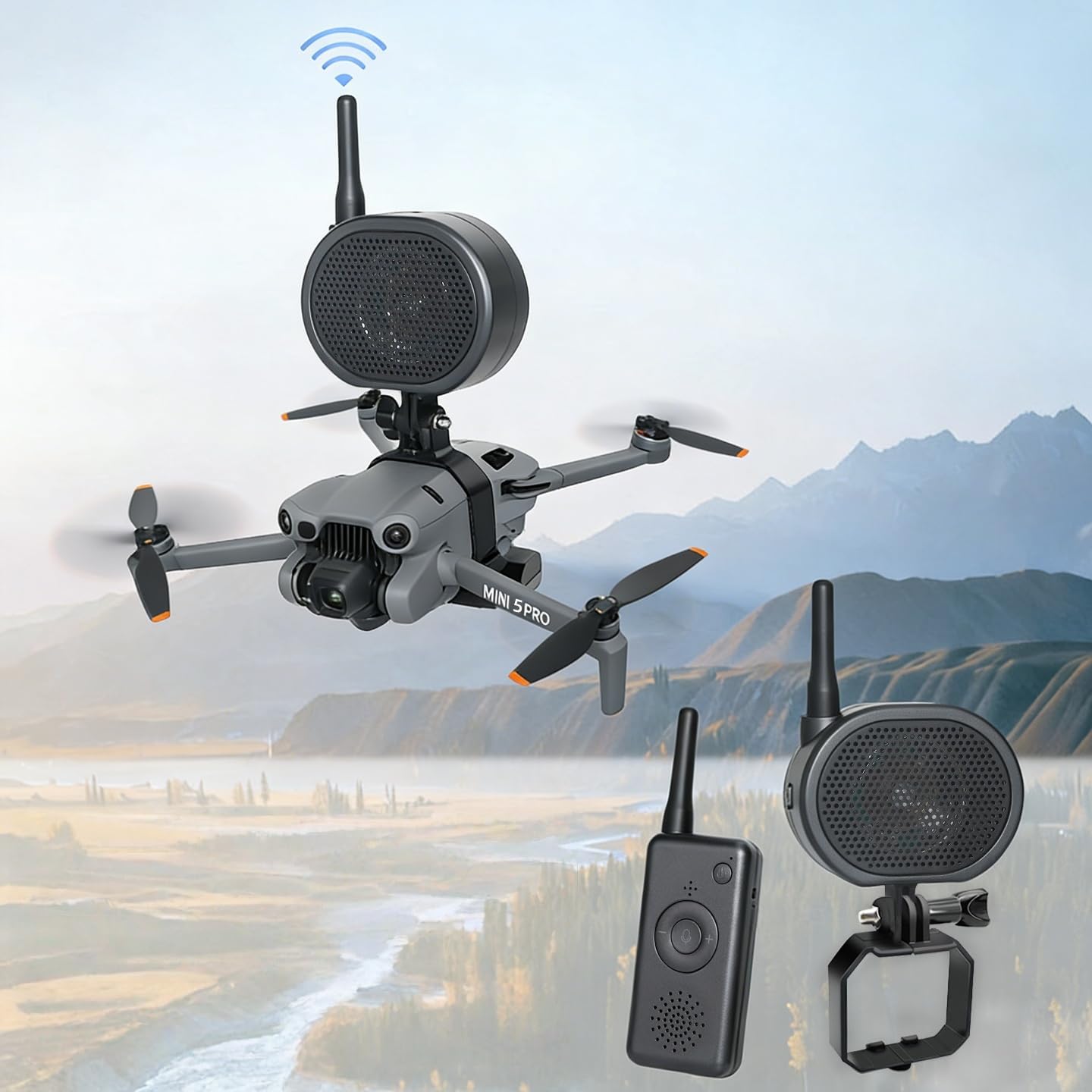 Drone Speaker System Compatible with DJI Mini 5 Pro – 120dB Loudspeaker, 2000m Range, Adjustable Angle for Aerial Announcements