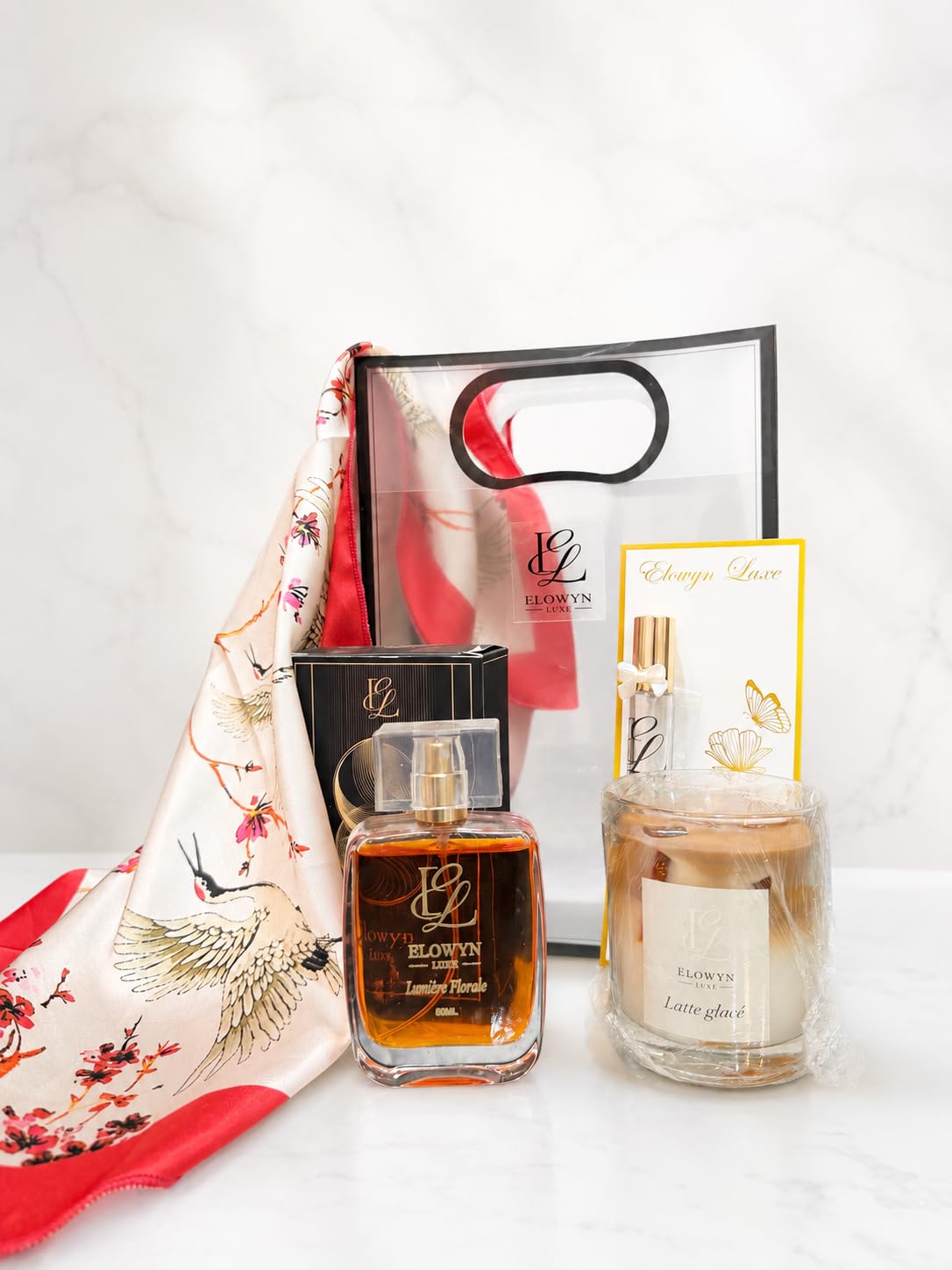 Elowyn Luxe Mother's Day Hamper, Lumière Florale Perfume, Latte Glacé Candle, Luxurious Scarf, Gift Bag-image-14