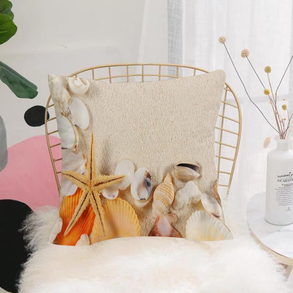 HYOSXW Cushion Cover,Throw Pillow Case Home Decorative for Living Room Bedroom Sofa Chair 16X16 Inch,Group of seashells starfishes on the sand,Pillowcase 40X40cm