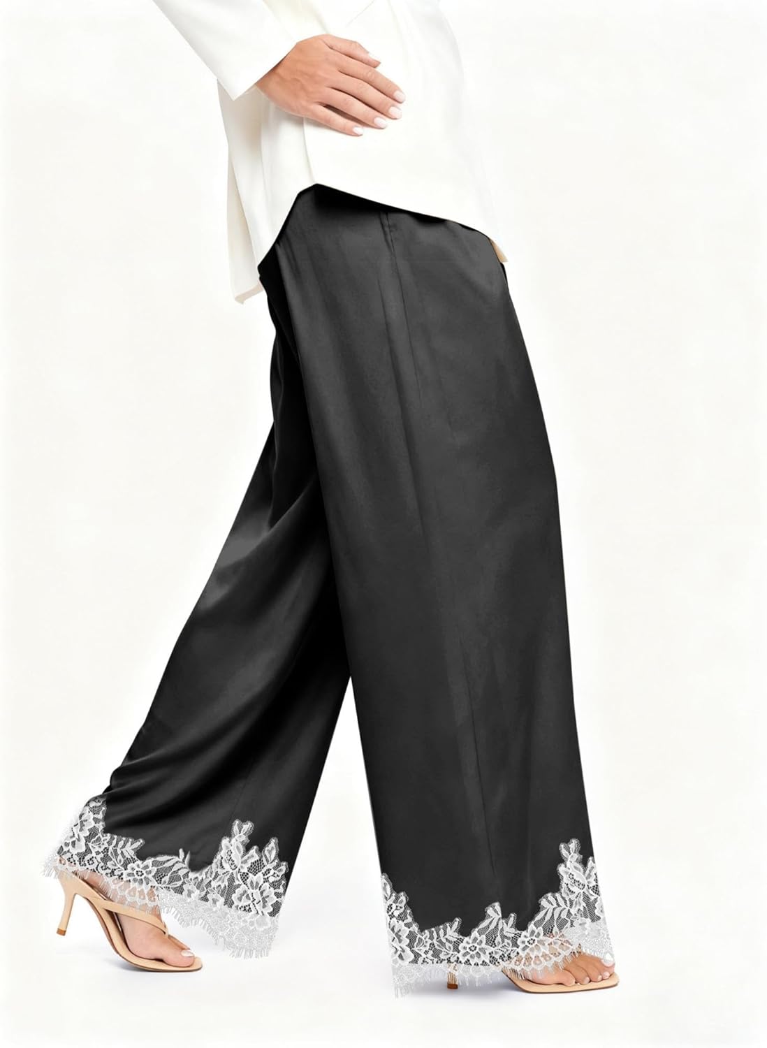 Women Satin Silk Lace Trim Pants Y2k Elastic Waist Wide Leg Pj Lounge Boxer Bottoms Trendy Causal Trousers - Image 2