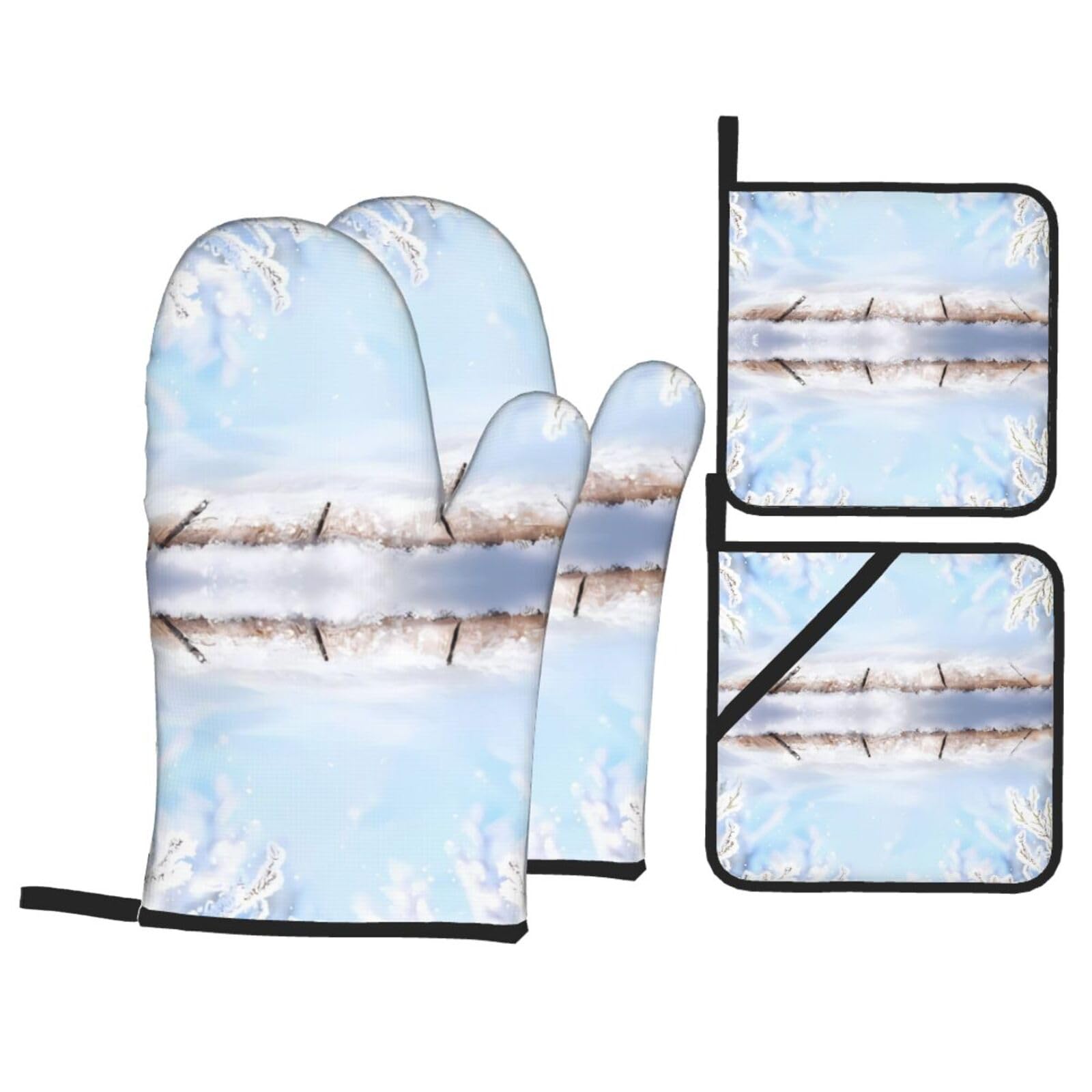 HJFCZH Snow Scene Prints Kitchen Covers: Waterproof Oven Layers for Safe Cooking & Easy Cleanup - 4 Piece Heat Protection Set