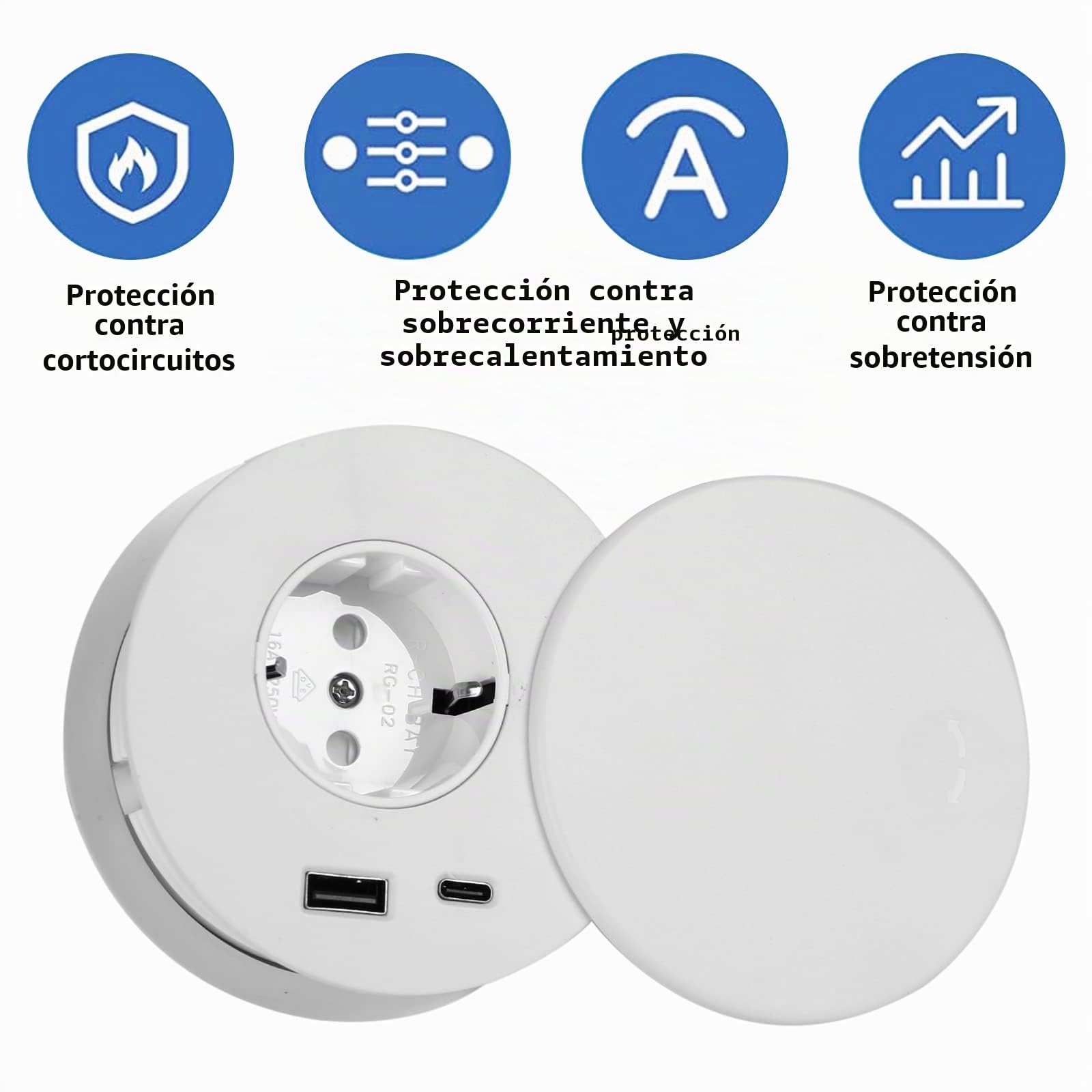 Enchufe empotrable con USB, Enchufe de mesa oculto con cubierta Equipado con 1 enchufe Schuko, 1 puerto USB-C, 1 puerto USB-A y 1,5m de cable de alimentación, enchufe de mesa para agujero de mesa de