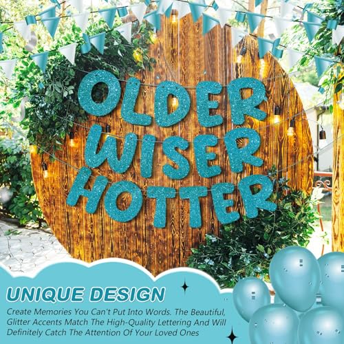 Image of Fulmoon Set of 3 Pre Strung Older Wiser Hotter Glitter Banner Funny Birthday Banner for Women 30th 40th 50th 60th 70th 80th Birthday Party Decorations Sign Gift(Teal)