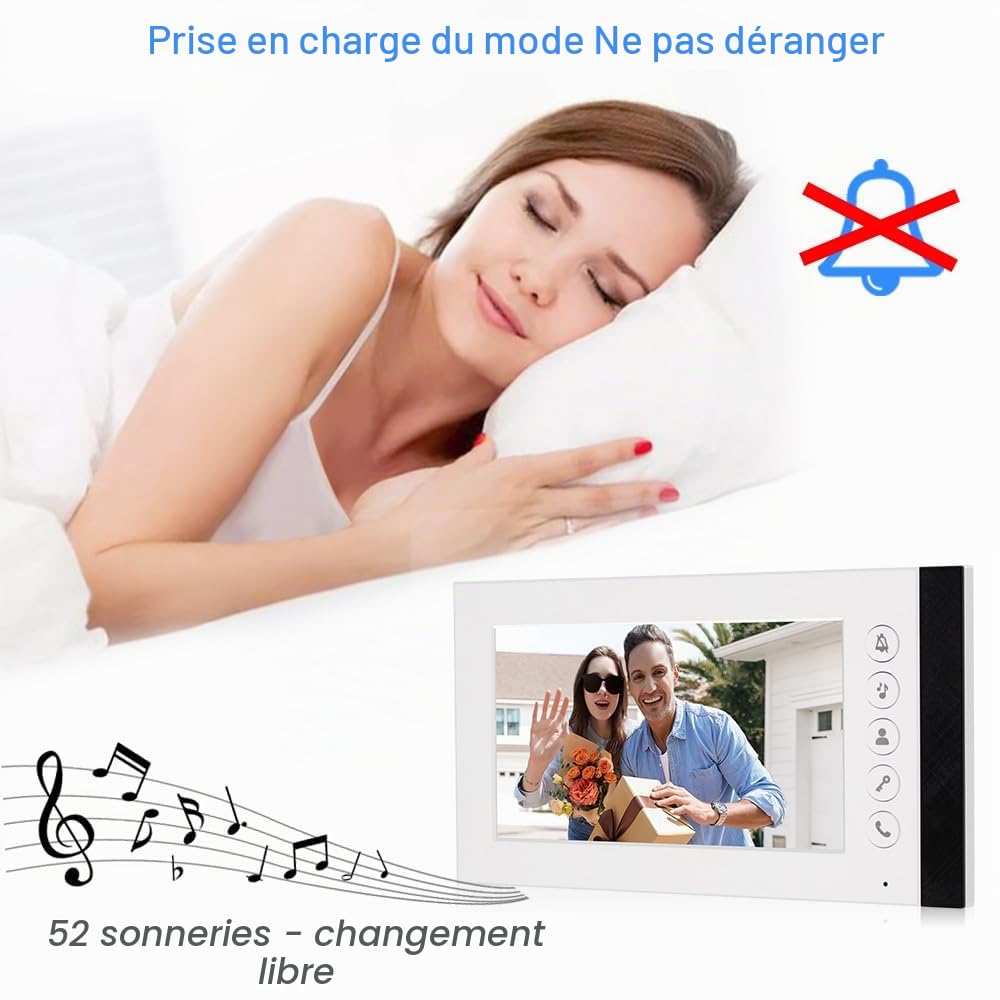 Système Interphone de Sonnette Vidéo Filaire de Couleur de 7 Pouces avec 2 Moniteurs, 90° 700TVL Caméra Sonnette IR Vision Nocturne, Audio Bidirectionnel, Surveillance, Déverrouillage